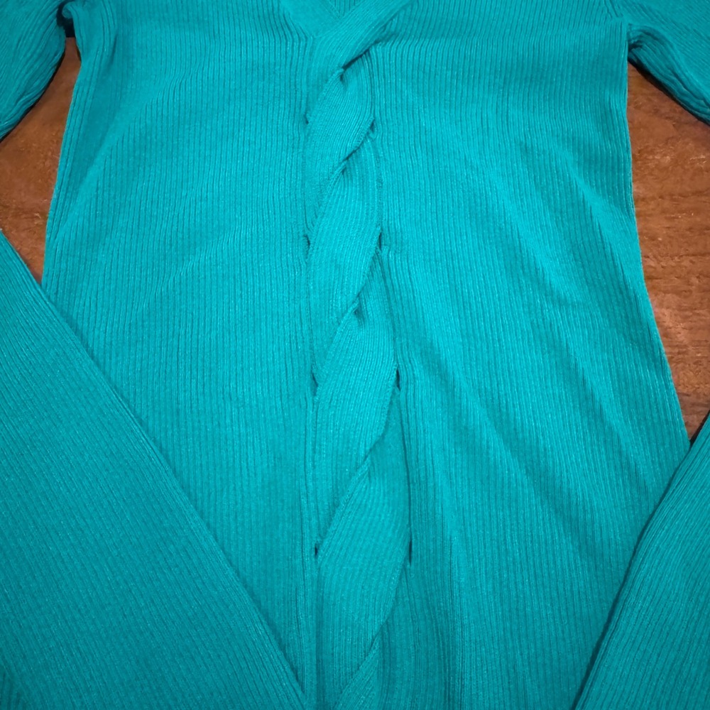 Teal Ribbed Knit V-Neck Top Braided Keyholes Front Detail Long Sleeve Y2K‎ Small - Picture 2 of 4